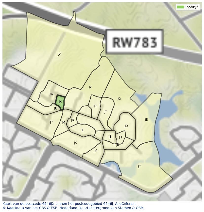 Afbeelding van het postcodegebied 6546 JX op de kaart.