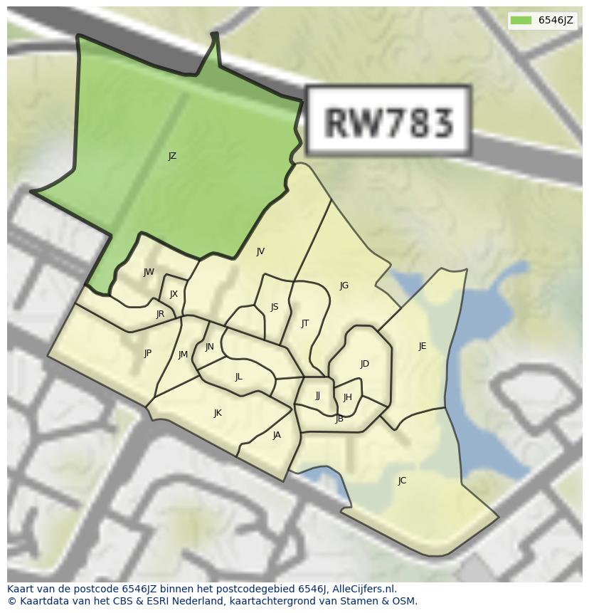 Afbeelding van het postcodegebied 6546 JZ op de kaart.