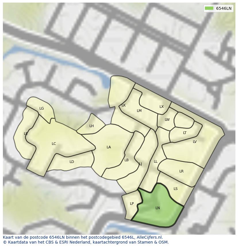 Afbeelding van het postcodegebied 6546 LN op de kaart.