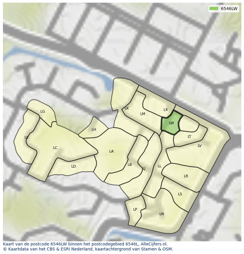 Afbeelding van het postcodegebied 6546 LW op de kaart.
