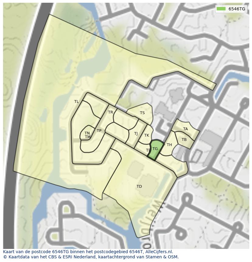 Afbeelding van het postcodegebied 6546 TG op de kaart.