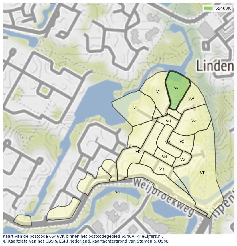 Afbeelding van het postcodegebied 6546 VK op de kaart.