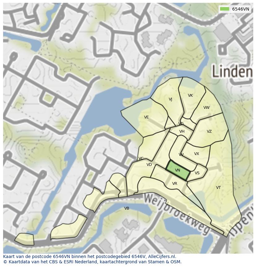 Afbeelding van het postcodegebied 6546 VN op de kaart.