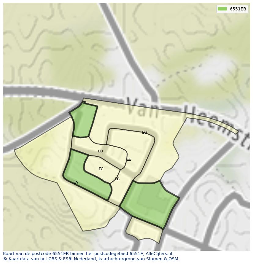 Afbeelding van het postcodegebied 6551 EB op de kaart.