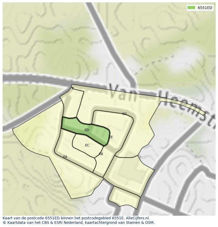 Afbeelding van het postcodegebied 6551 ED op de kaart.