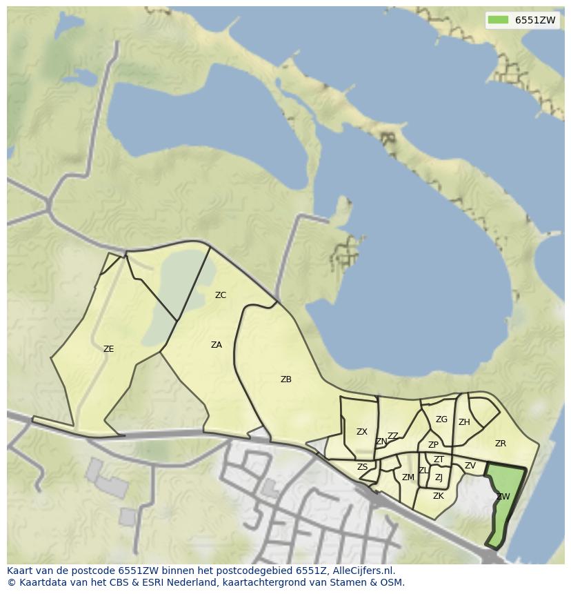 Afbeelding van het postcodegebied 6551 ZW op de kaart.