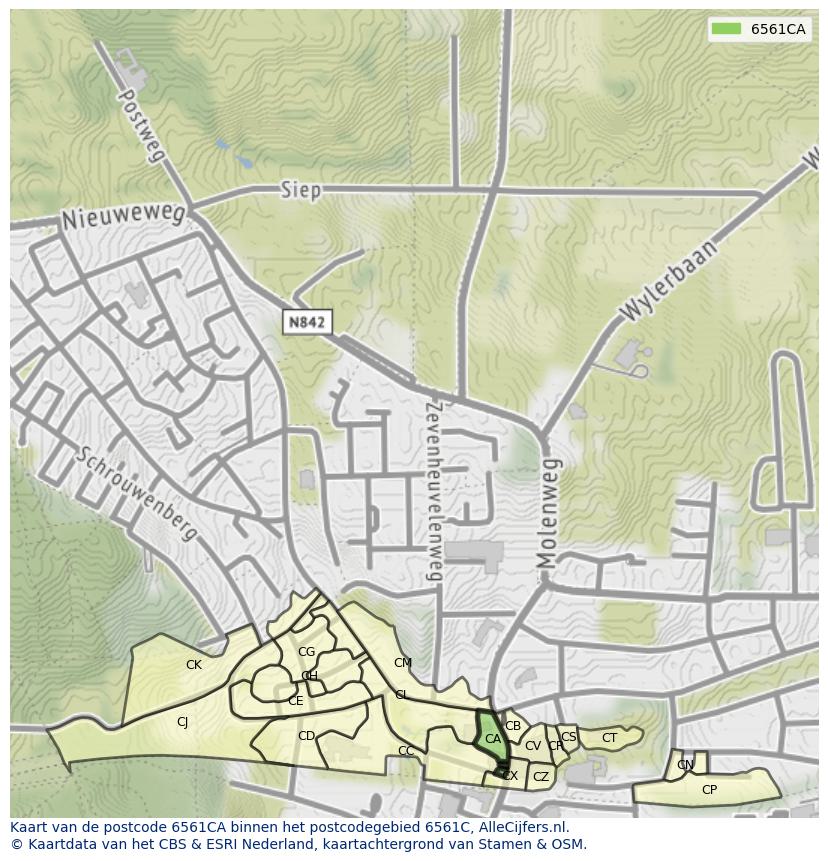 Afbeelding van het postcodegebied 6561 CA op de kaart.