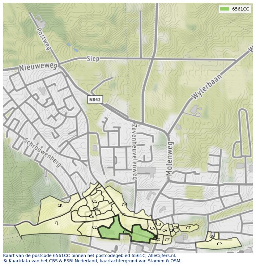 Afbeelding van het postcodegebied 6561 CC op de kaart.