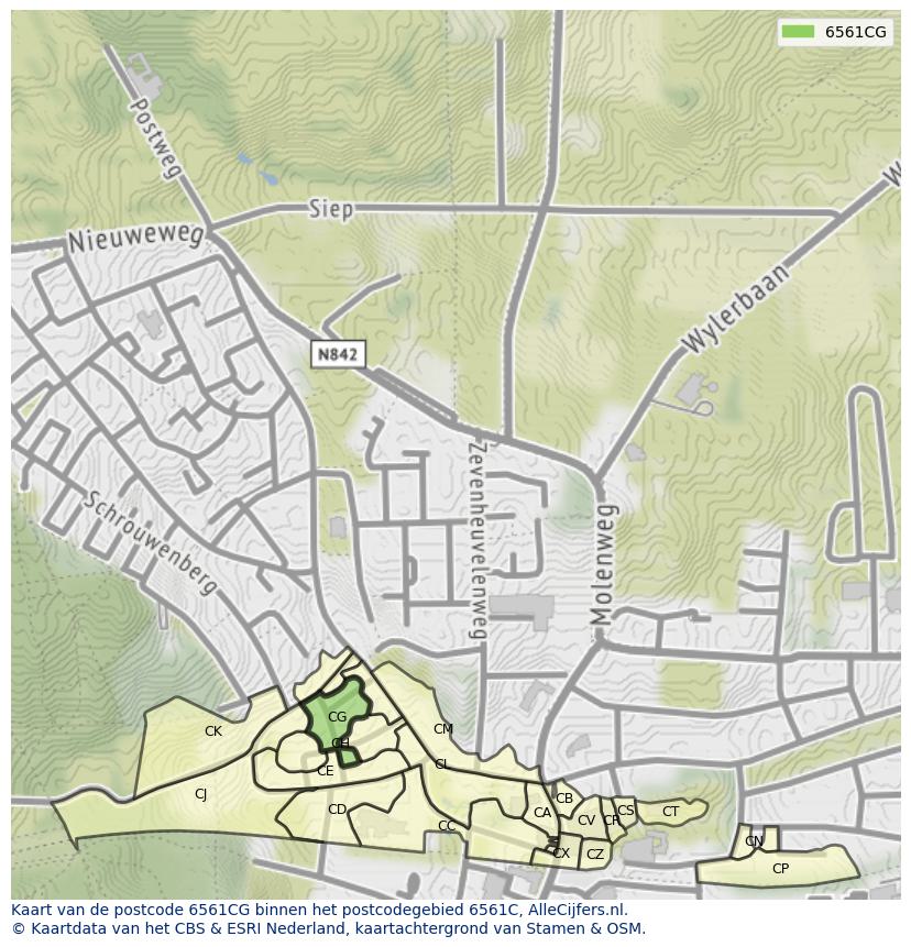 Afbeelding van het postcodegebied 6561 CG op de kaart.