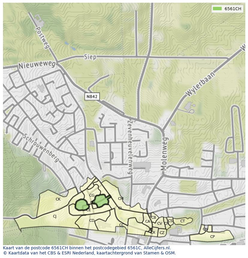 Afbeelding van het postcodegebied 6561 CH op de kaart.