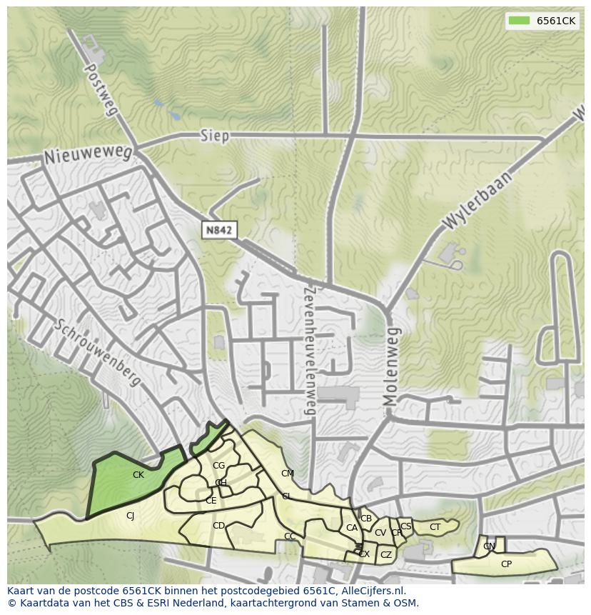 Afbeelding van het postcodegebied 6561 CK op de kaart.