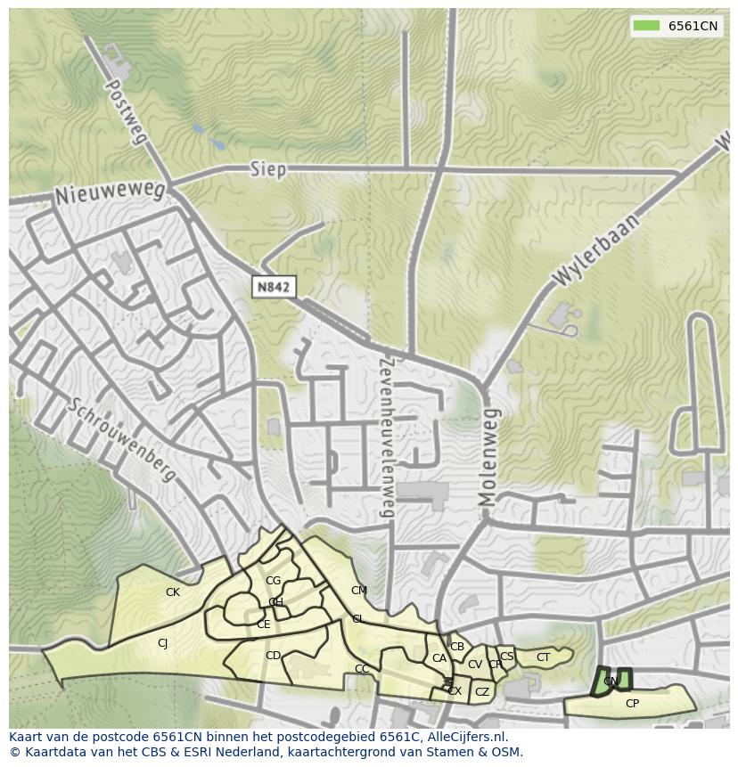 Afbeelding van het postcodegebied 6561 CN op de kaart.