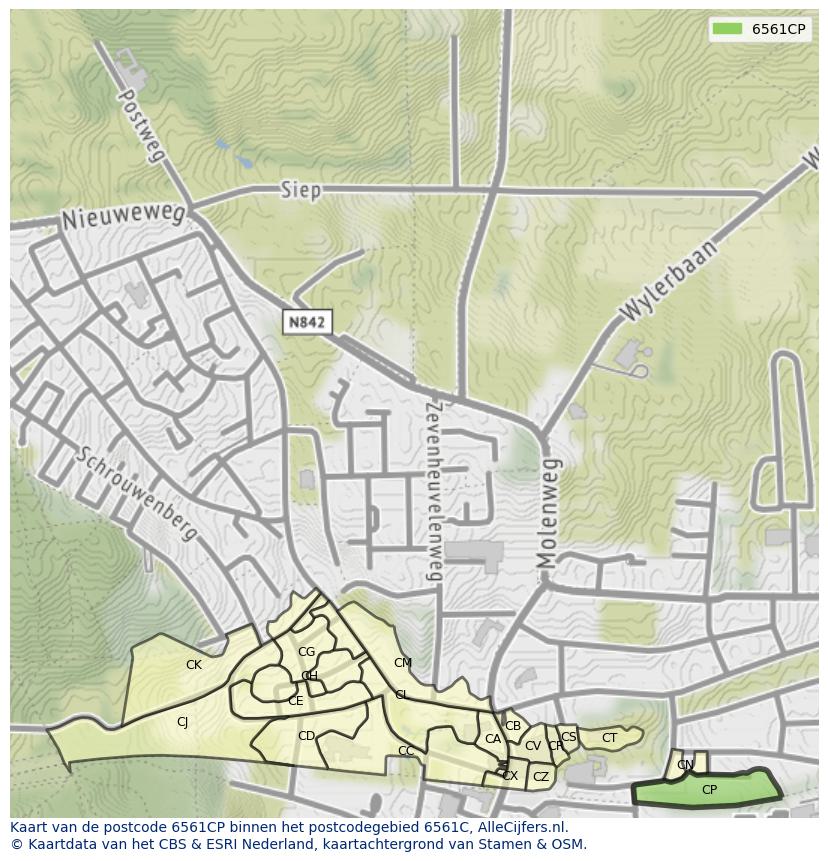 Afbeelding van het postcodegebied 6561 CP op de kaart.