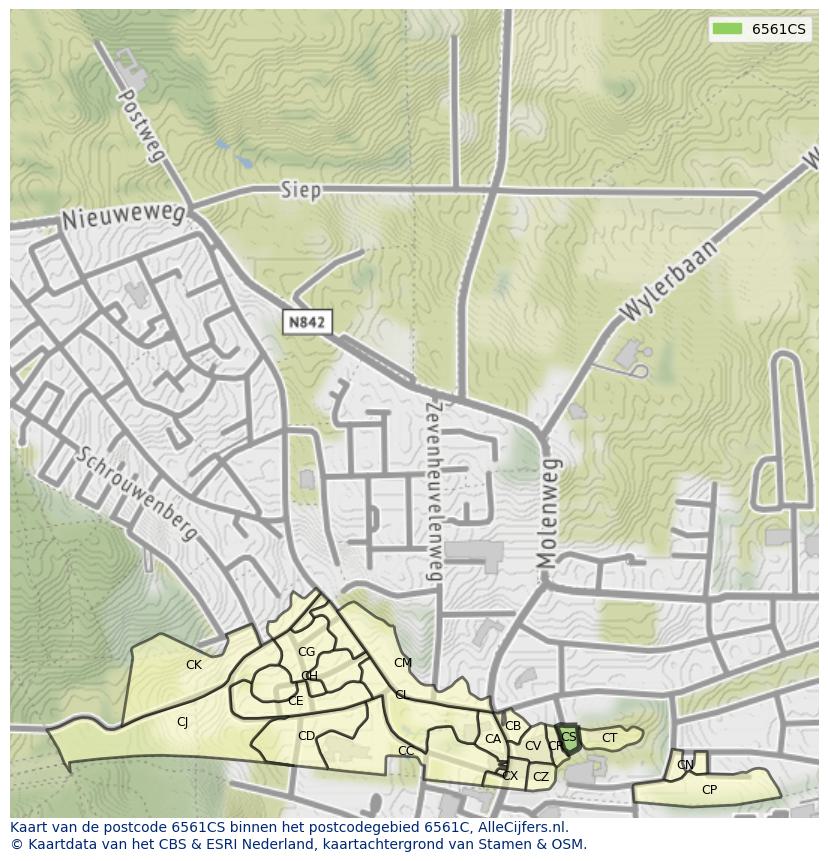 Afbeelding van het postcodegebied 6561 CS op de kaart.