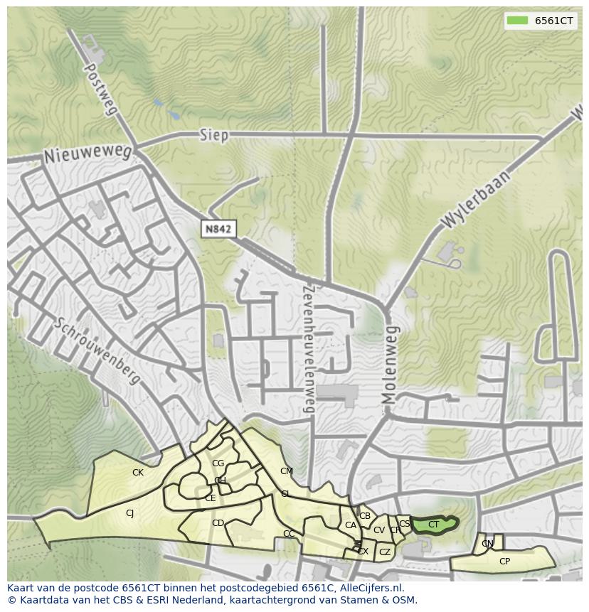 Afbeelding van het postcodegebied 6561 CT op de kaart.