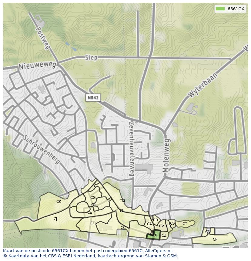 Afbeelding van het postcodegebied 6561 CX op de kaart.