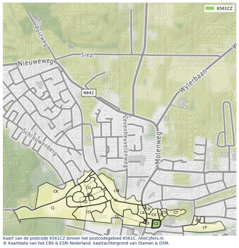 Afbeelding van het postcodegebied 6561 CZ op de kaart.