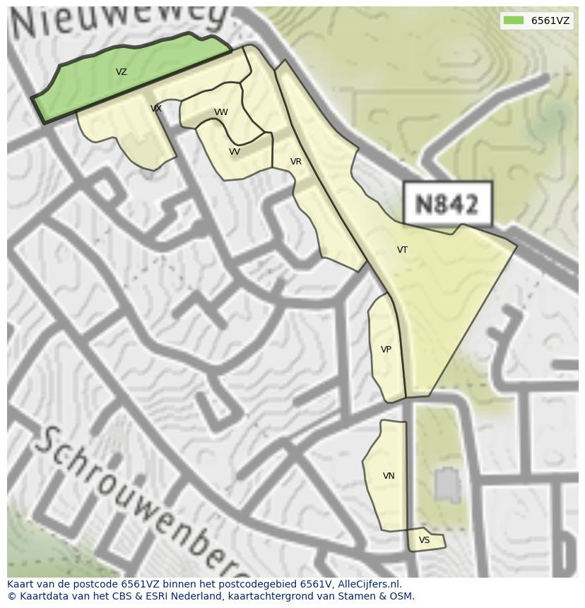 Afbeelding van het postcodegebied 6561 VZ op de kaart.