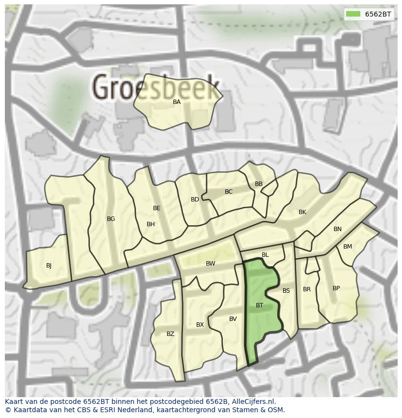 Afbeelding van het postcodegebied 6562 BT op de kaart.