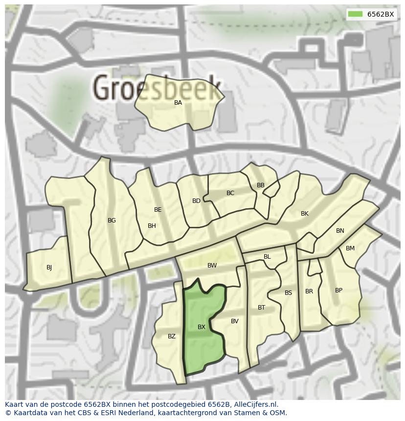 Afbeelding van het postcodegebied 6562 BX op de kaart.