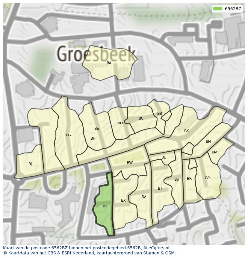 Afbeelding van het postcodegebied 6562 BZ op de kaart.