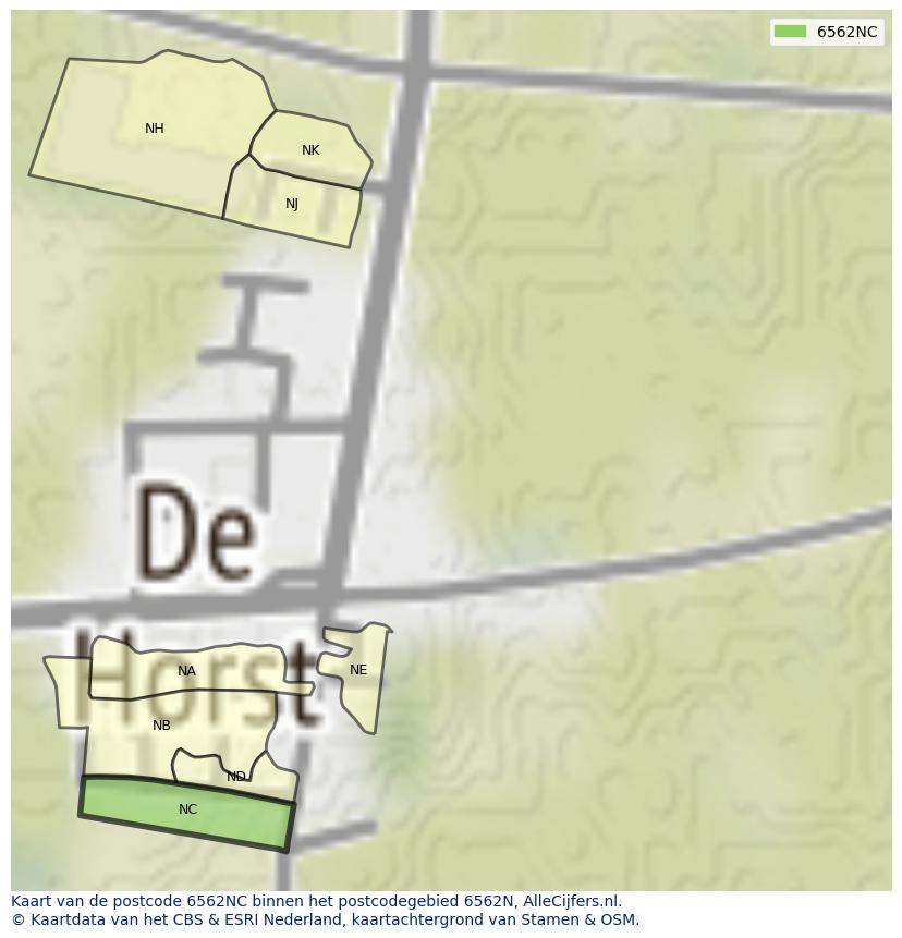 Afbeelding van het postcodegebied 6562 NC op de kaart.
