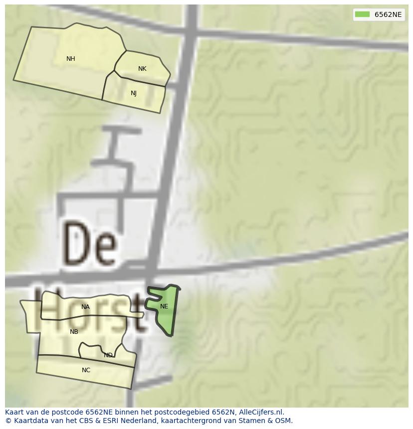 Afbeelding van het postcodegebied 6562 NE op de kaart.