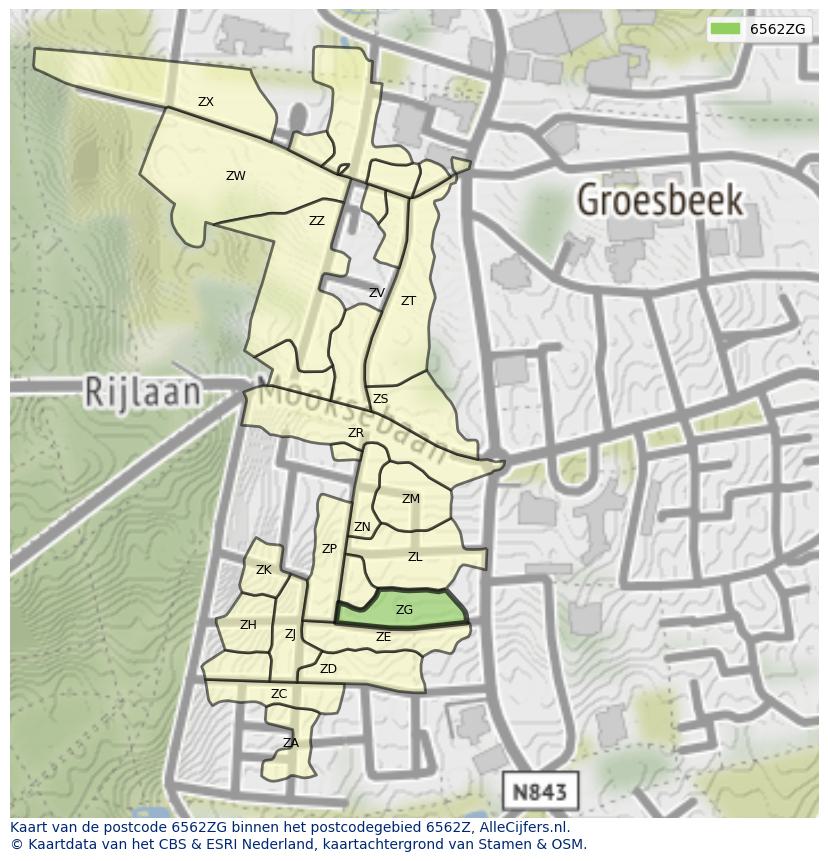 Afbeelding van het postcodegebied 6562 ZG op de kaart.