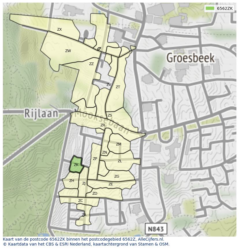 Afbeelding van het postcodegebied 6562 ZK op de kaart.