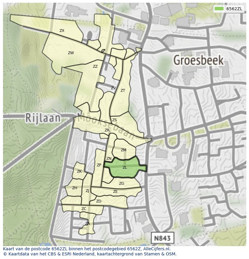Afbeelding van het postcodegebied 6562 ZL op de kaart.