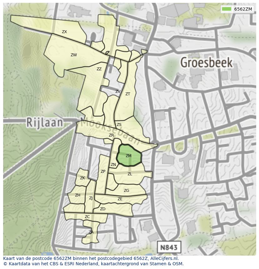 Afbeelding van het postcodegebied 6562 ZM op de kaart.