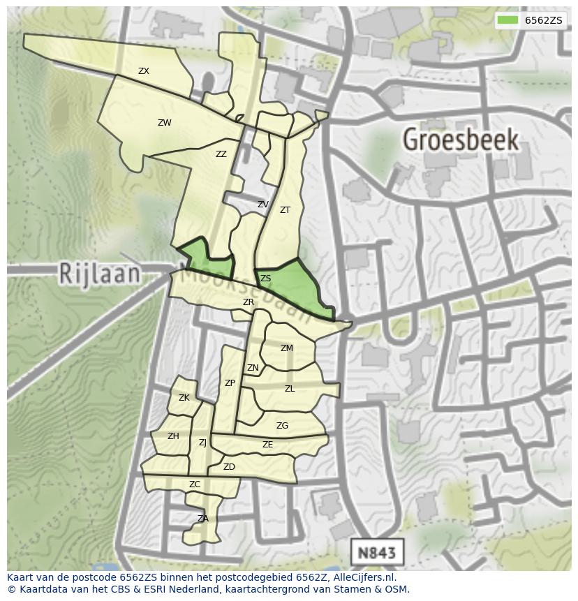 Afbeelding van het postcodegebied 6562 ZS op de kaart.