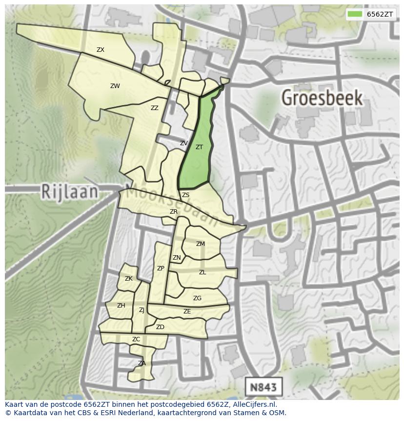 Afbeelding van het postcodegebied 6562 ZT op de kaart.