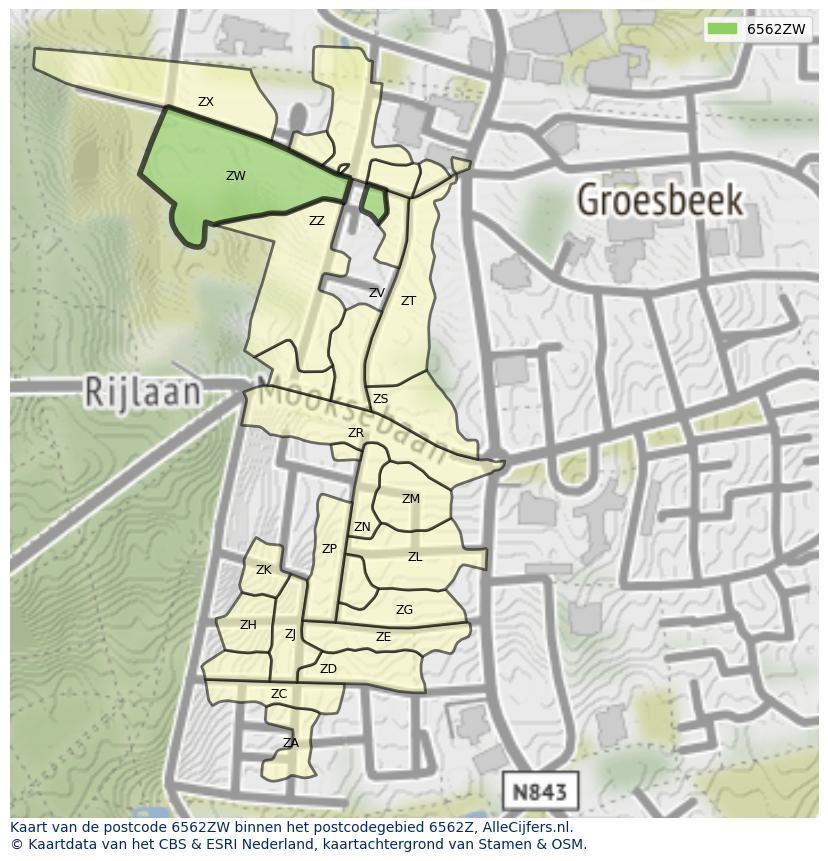 Afbeelding van het postcodegebied 6562 ZW op de kaart.