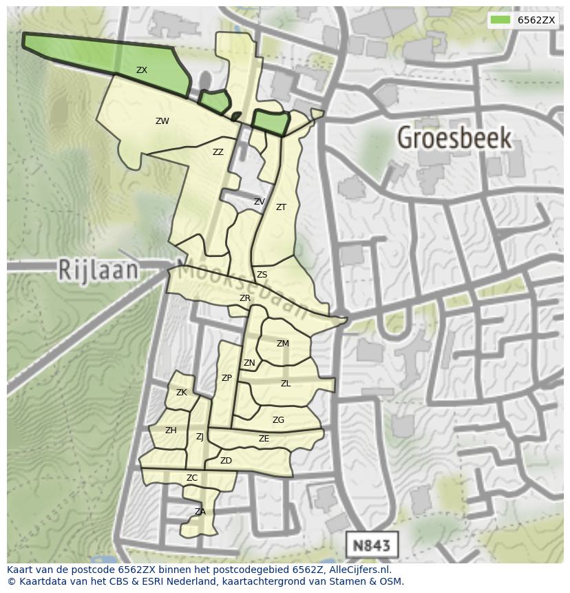 Afbeelding van het postcodegebied 6562 ZX op de kaart.