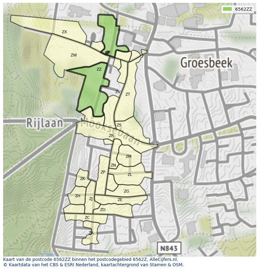 Afbeelding van het postcodegebied 6562 ZZ op de kaart.