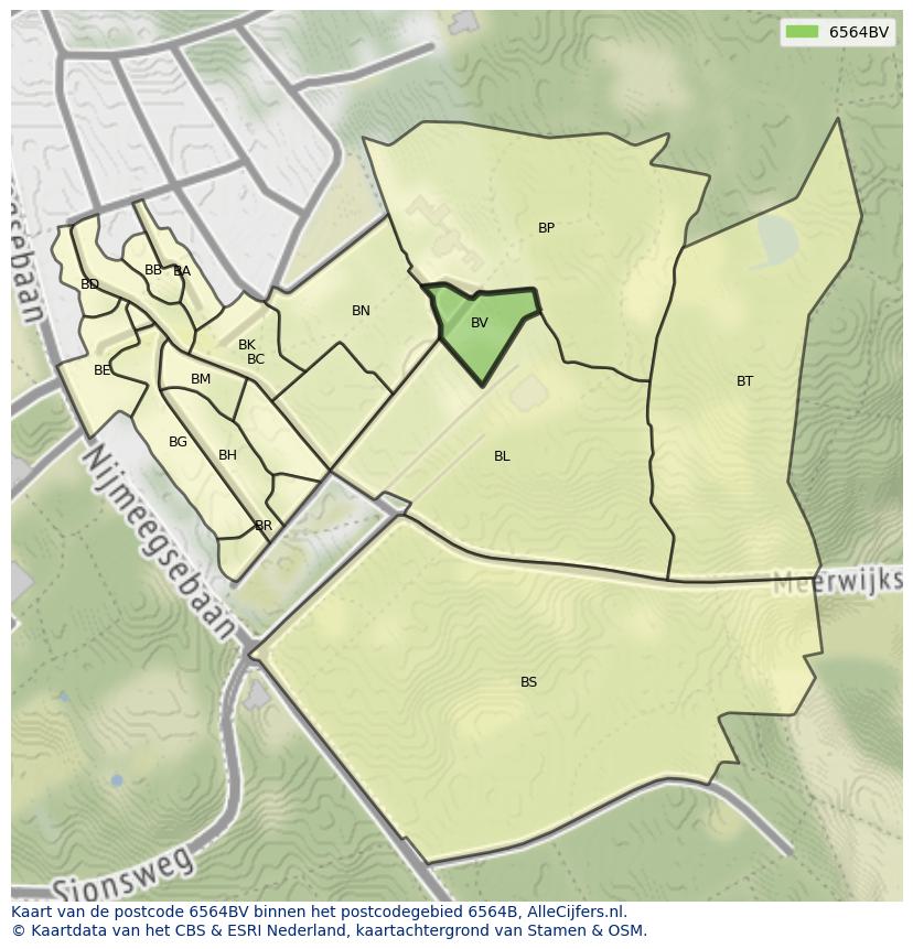 Afbeelding van het postcodegebied 6564 BV op de kaart.