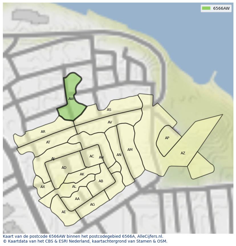 Afbeelding van het postcodegebied 6566 AW op de kaart.