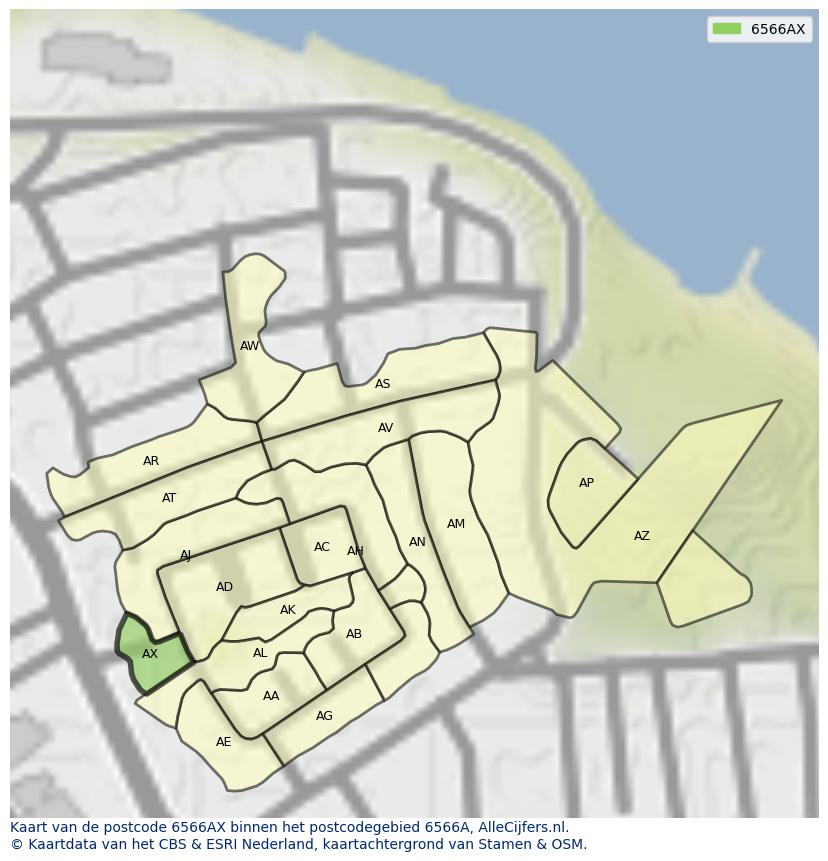 Afbeelding van het postcodegebied 6566 AX op de kaart.