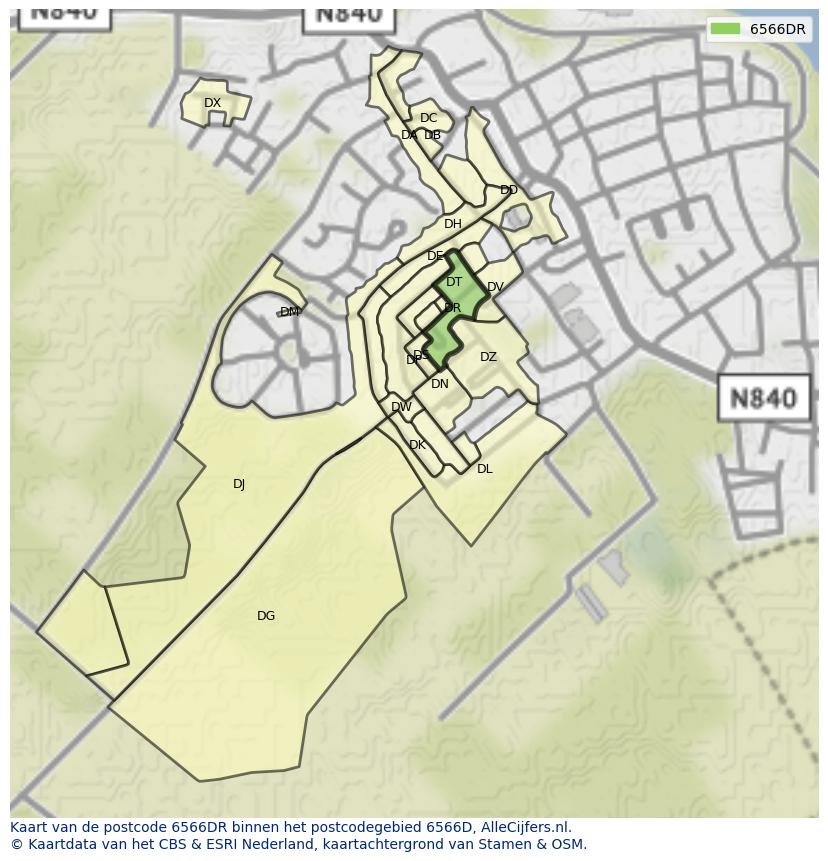 Afbeelding van het postcodegebied 6566 DR op de kaart.