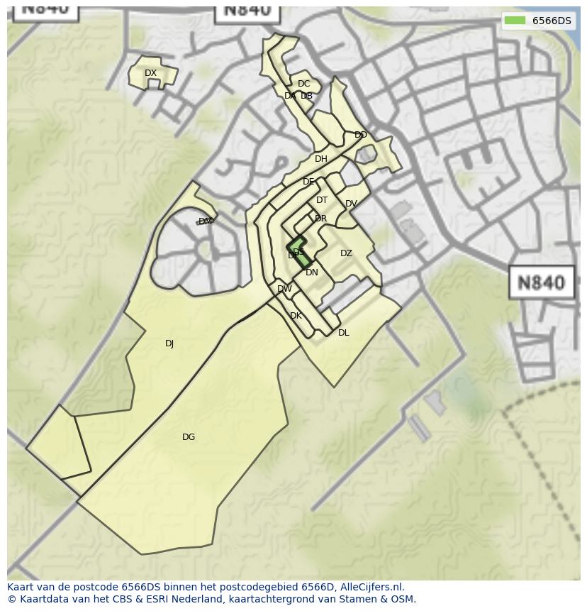 Afbeelding van het postcodegebied 6566 DS op de kaart.