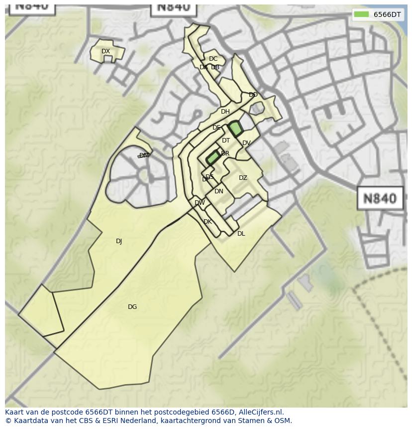 Afbeelding van het postcodegebied 6566 DT op de kaart.