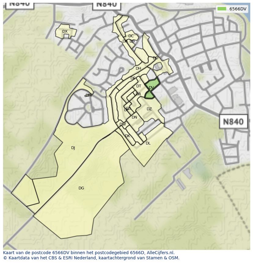 Afbeelding van het postcodegebied 6566 DV op de kaart.