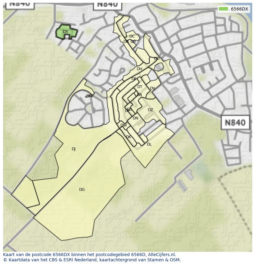 Afbeelding van het postcodegebied 6566 DX op de kaart.