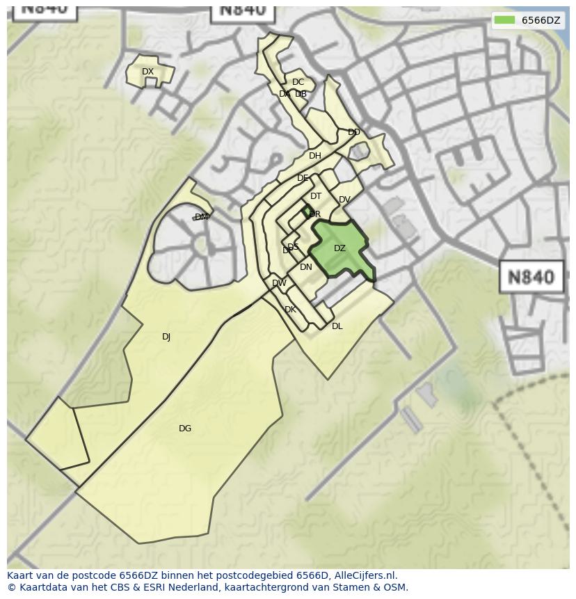 Afbeelding van het postcodegebied 6566 DZ op de kaart.