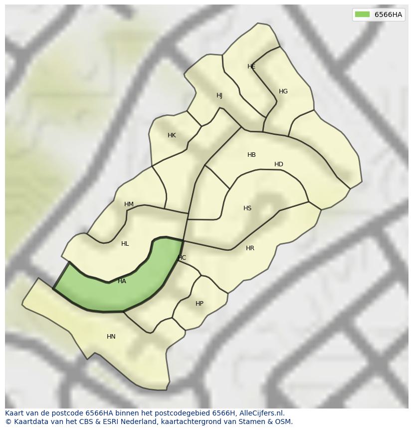Afbeelding van het postcodegebied 6566 HA op de kaart.