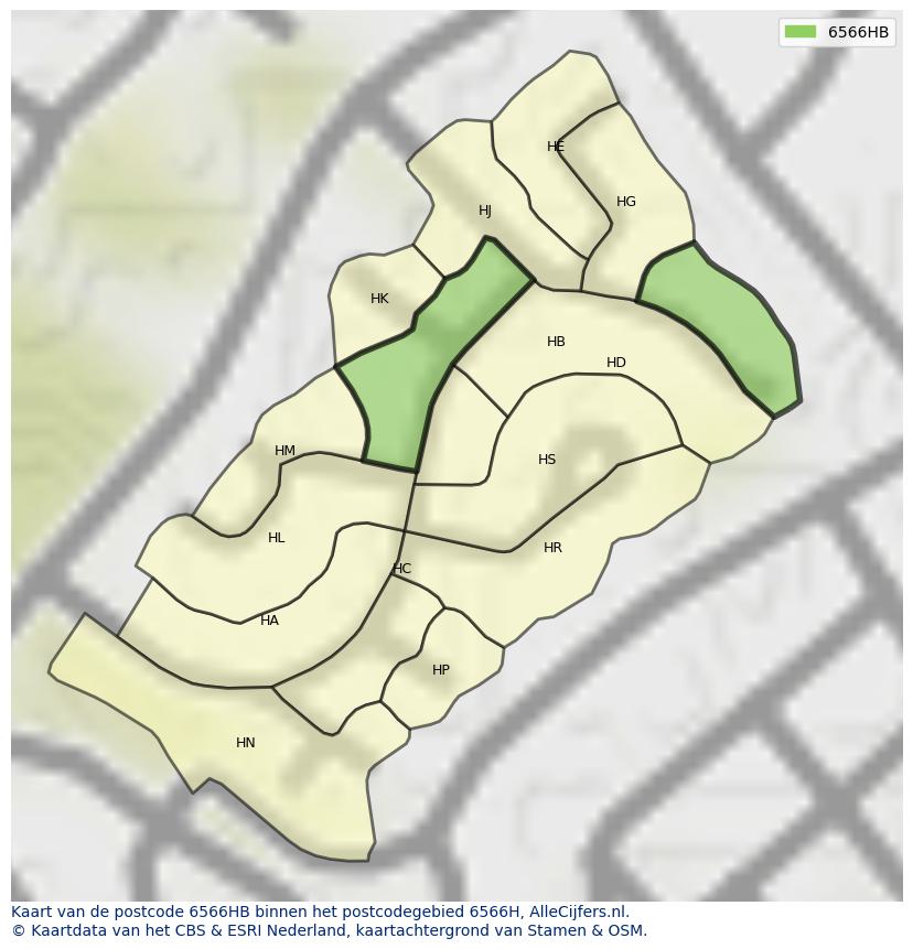Afbeelding van het postcodegebied 6566 HB op de kaart.