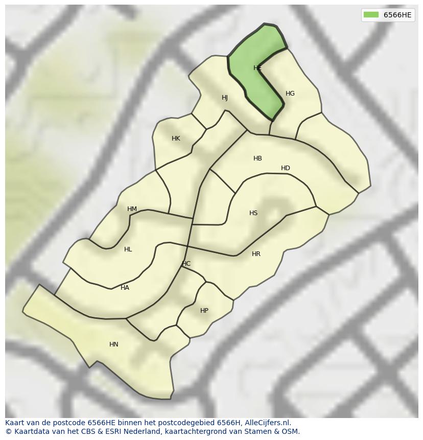 Afbeelding van het postcodegebied 6566 HE op de kaart.