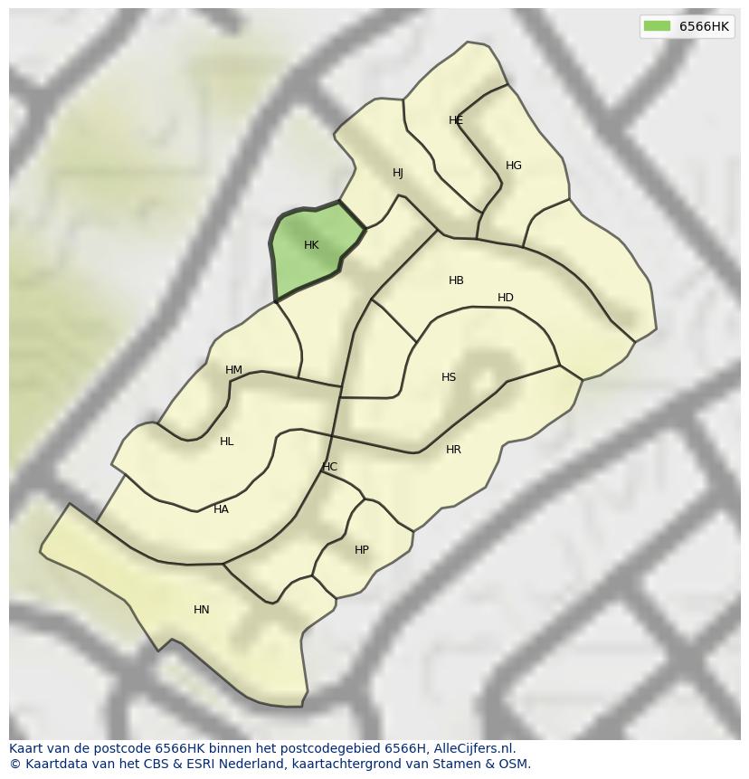 Afbeelding van het postcodegebied 6566 HK op de kaart.