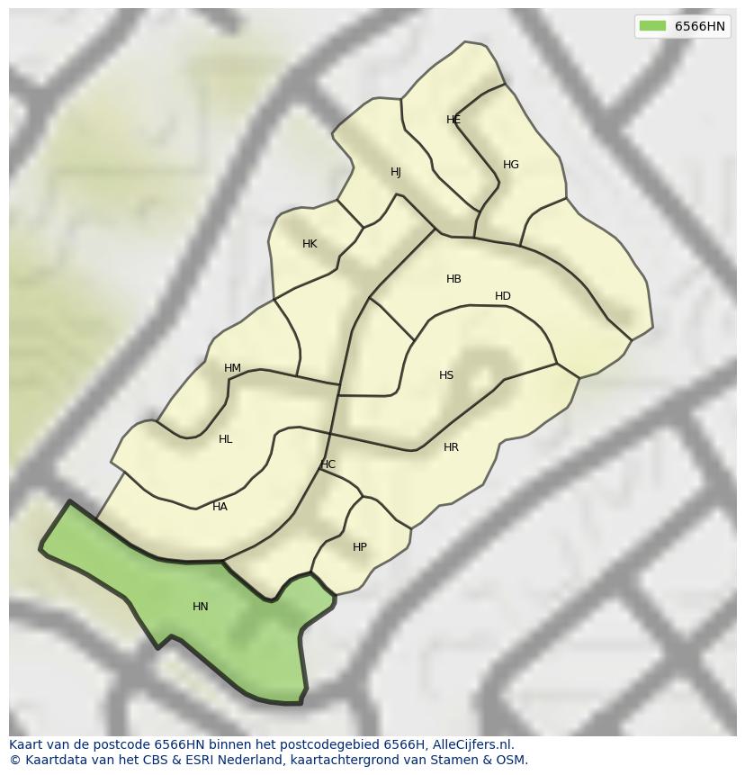 Afbeelding van het postcodegebied 6566 HN op de kaart.